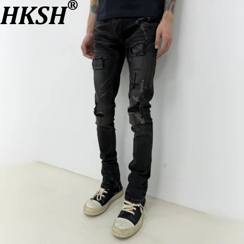HKSH Spring Autumn Men Tide Chic Ins Cross Patchwork Sheepskin Denim Pants Slim Low-Waist Skinny Jeans Vintage Vibe Y2K HK26962