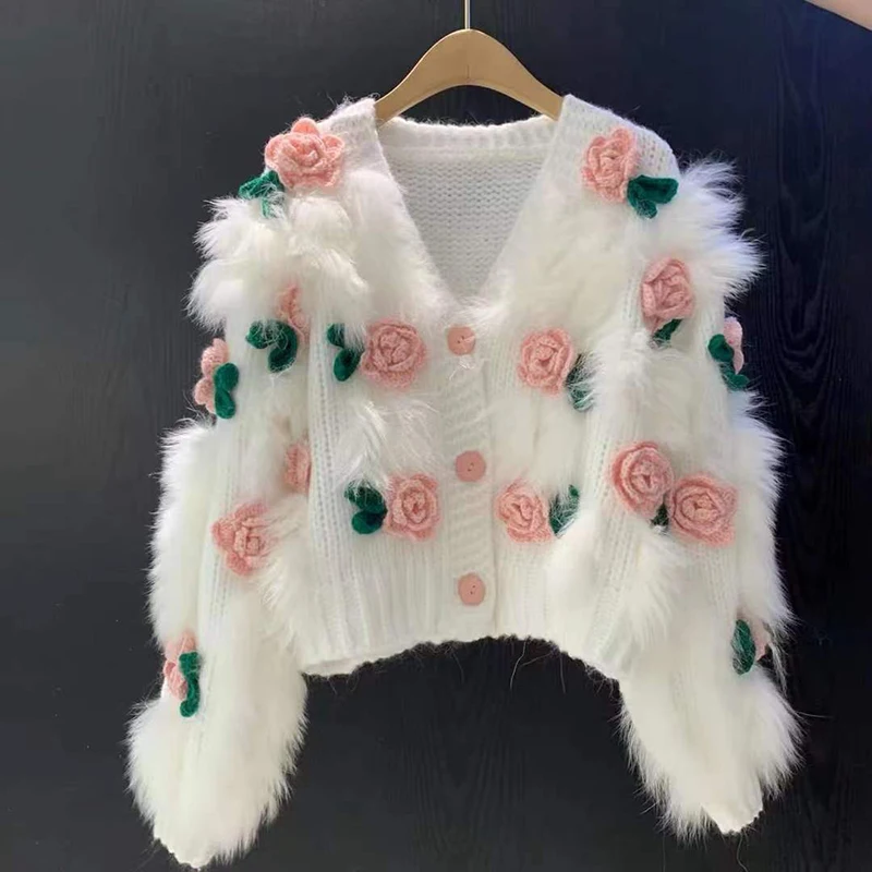 

Harajuku Cropped Knitted Cardigan Women Y2K 3D Flower Sweater Coat Streetwear Oversized Knitwear Jacket Winter Jumpers Outwear