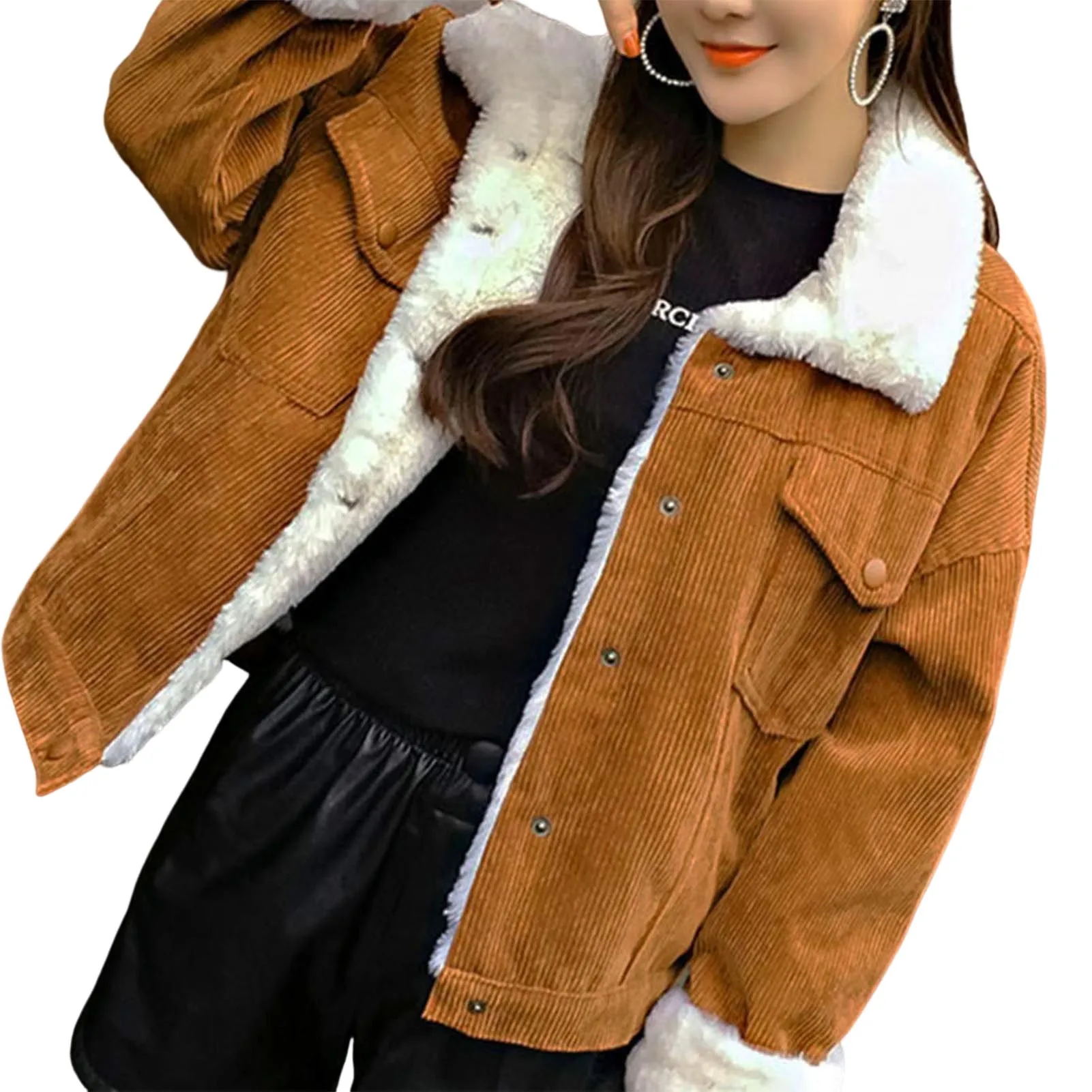 

Women's Short Lamb Fleece Coat Lapel Collar Warm Plush Lining Coat for Cold Weather Outdoor Wearing