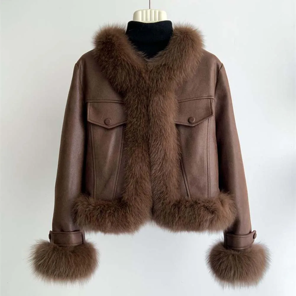 الرجعية الإناث طويلة الأكمام الثعلب الفراء سترة الخريف الشتاء السيدات موضة قصيرة أفخم أبلى 2025 المتقدمة المرأة المرقعة معطف الفرو