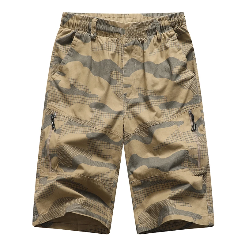 Mens Camo Shorts Below Knee Shorts Zipper Pocket Fashion Loose Straight Capri Pants Cotton Comfortable Beach Running Short Pants