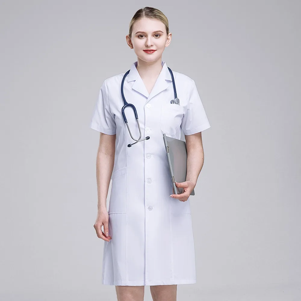 Bata de laboratorio blanca de manga corta y larga Unisex, ropa de trabajo médica gruesa para dentistas, uniforme protector duradero de laboratorio