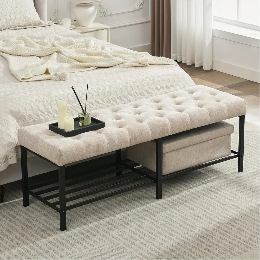 

55.5 End of Bed Bench, Modern Chenille Button Tufted Bedroom Bench, Upholstered Storage Shoe Bench with Metal Base, Dinning Tabl