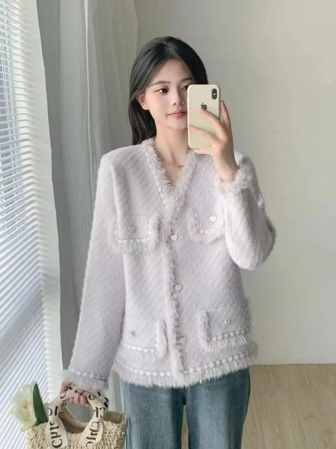 Korean Small Fragrance Tassel Knitted Cardigan Heart Shape Buttons Sweet Loose Cardigans Chic Design Long Sleeves Sweater