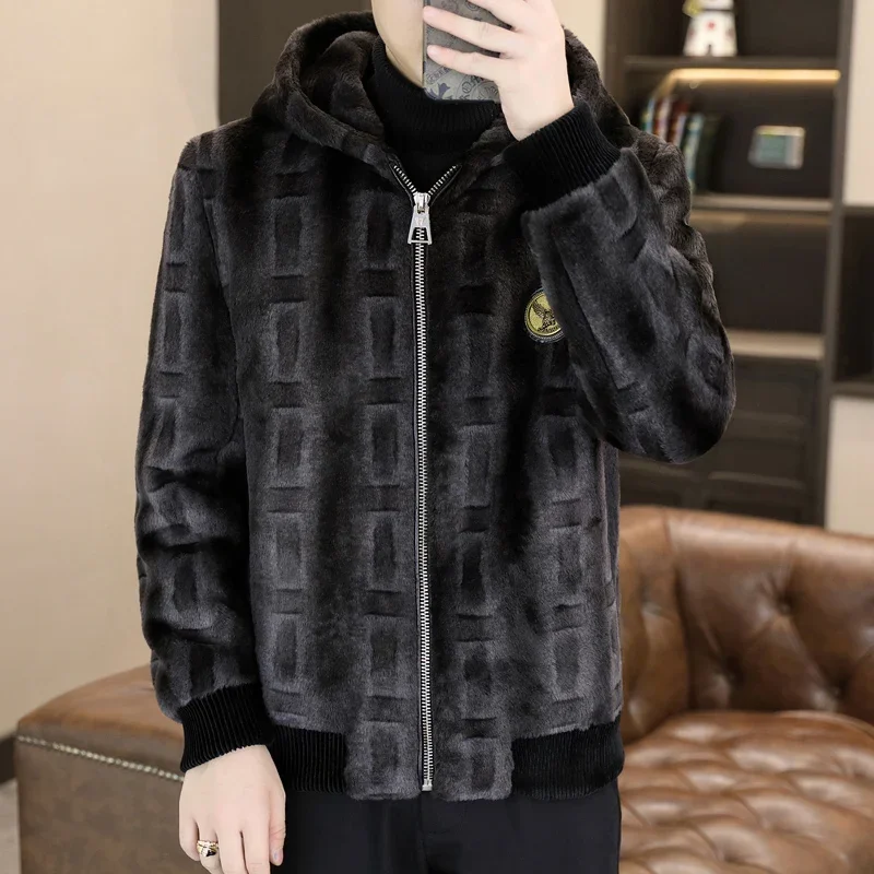 2023 Luxury Vintage Winter Hooded Faux Fur Mink Jackets Men Warm Casual Business Imitation Fur Coat Office Social Men Clothing