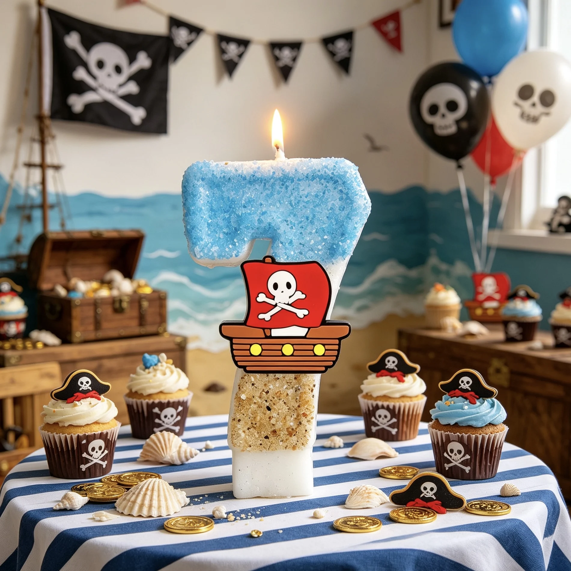 Glänzende Pailletten Piratenboot Zahlen-Geburtstagskerzen Coole Piraten-Themen Tortendekoration für Kleinkinder Jungen Geburtstagsparty Zubehör