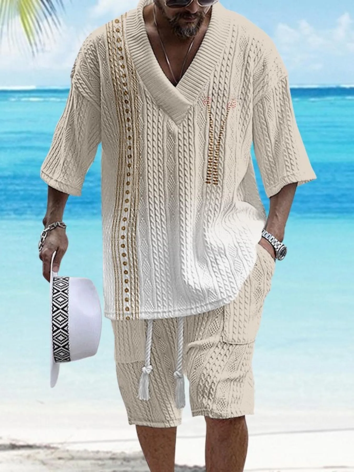 

2025 New Style Casual Jacquard Set for Men, Summer Loose Short Sleeve Knit Top and Shorts, V-Neck Sport Set, Two-Piece Outfit