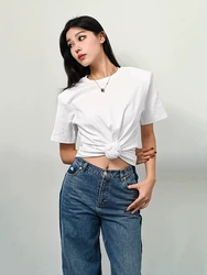 Y2K knotted twist knitted threaded round neck Top women fashionable and versatile navel padded shoulder short-sleeved T-shirt