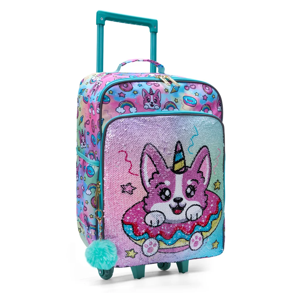 

Чемодан на колесах, милый мультяшный щенок с блестками, детский дорожный чемодан, 18 дюймов, зеленый