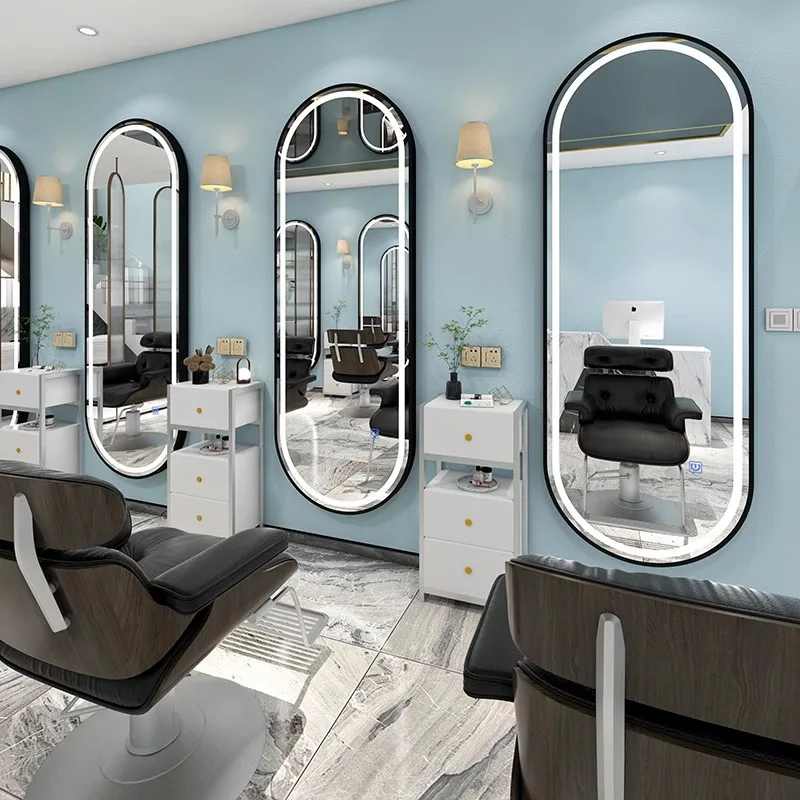 Smart MirrorNew LED Oval Shaped Hair Salon Mirror, Hair Salon Specific LED Single-sided Luminous Wall Mounted Smart Mirror