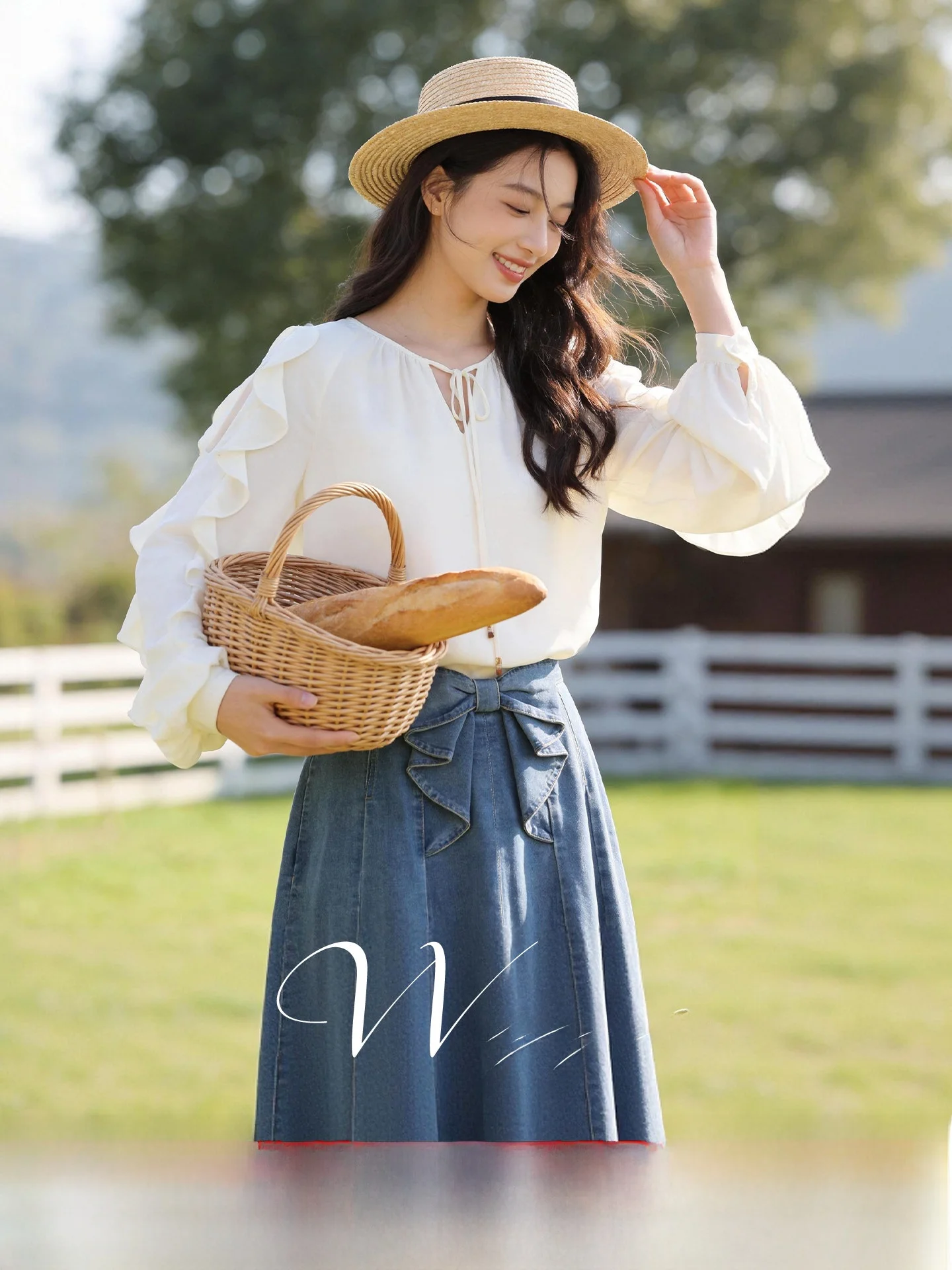 

Spring Early Large Size Women's Set Design Sense Knot Denim Half Skirt Floral Top Commute Regular Sleeve Polye...