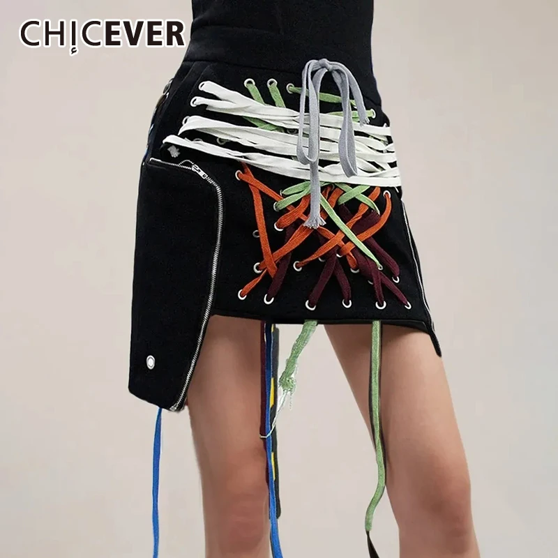 

CHICEVER Patchwork Lace Up Mini Skirts For Women High Waist Streetwear Spliced Drawstring Irregular Hem Summer Skirt Female New