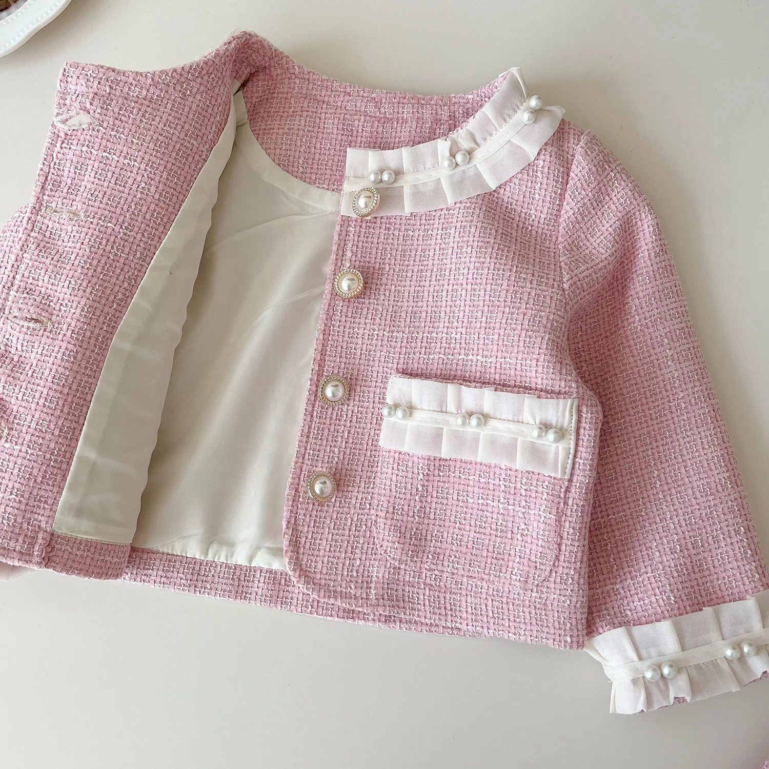 Tweed สีชมพูสาวชุดบูติก Luxury Designer เสื้อผ้าเด็กชุดเด็กเสื้อและกระโปรงจีบ 2 ชิ้นชุดเสื้อผ้าเด็ก