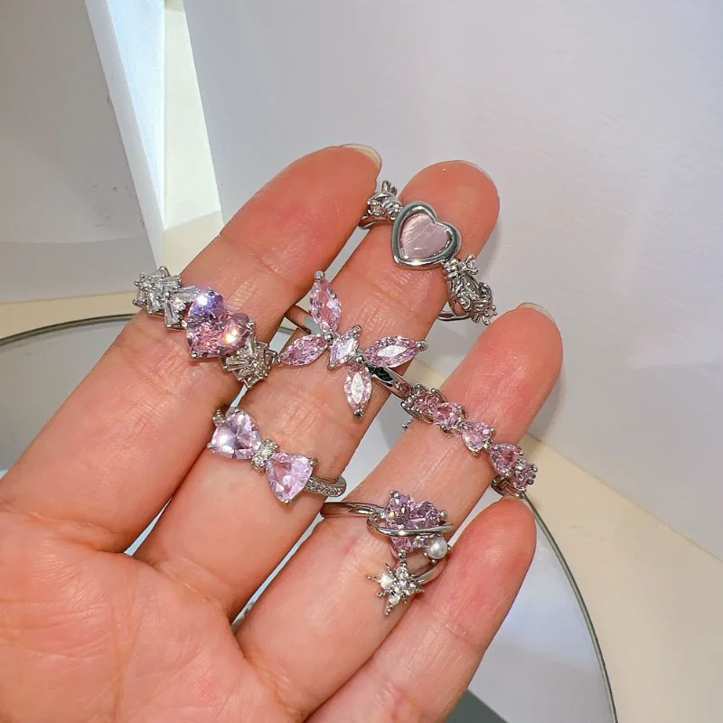 Pink Crystal Heart Bowknot Rings For Women Girls Y2k Kpop Sweet Cool Open Finger Rings Party Fashion Jewelry Gifts 2024 New