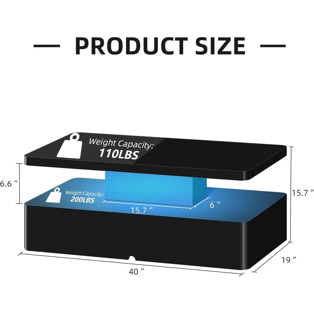 Modern Living Room Coffee Table with LED, Rounded Edges, 16 Color Options, Glossy 2-Level Design, Concealed Power Supply