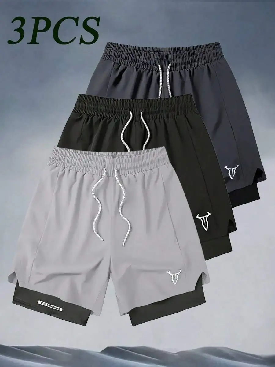 3pcs/Pack Men's Summer Loose Thin 2 In 1 Ice Silk Quick-Dry Sports Shorts, Breathable Fitness Casual Running Bermuda Shorts