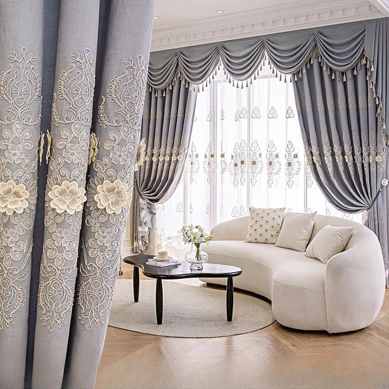 Modern European Embossed Embroidered Gray Curtains for Living Room Bedroom Yarn Double-layer Blackout Cloth Balcony Floor Custom