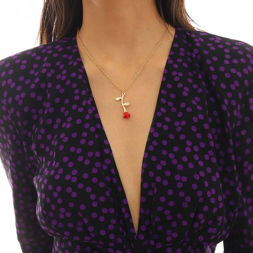 High Quality Red Rose Red Rose Pendant Oil Drop Creative Temperament Necklace Alloy Oil Drop Necklace Women Beauty