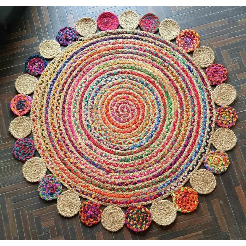 Rug Natural Jute & Cotton Round Design 100% Handmade Carpet Reversible Rug