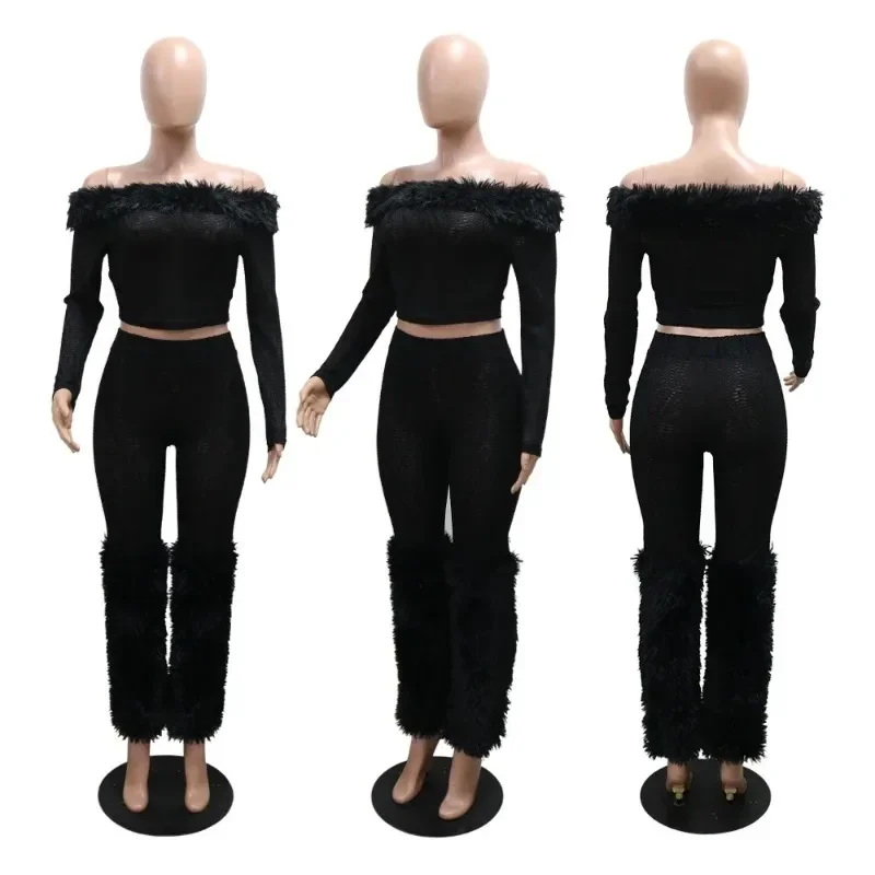 2025 Spring Women's Set Long Sleeve Fur Slash Neck T-shirt + Pants Sexy Streetwear Two 2 Piece Sets Outfits Tracksuit