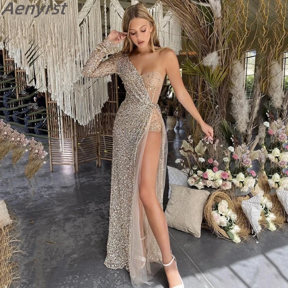 Zilverachtige Avondjurken Pailletten Zeemeermin Een Schouder Bridemaid Jurk Lange Mouwen Sexy High Split Formal Party Prom Jurken