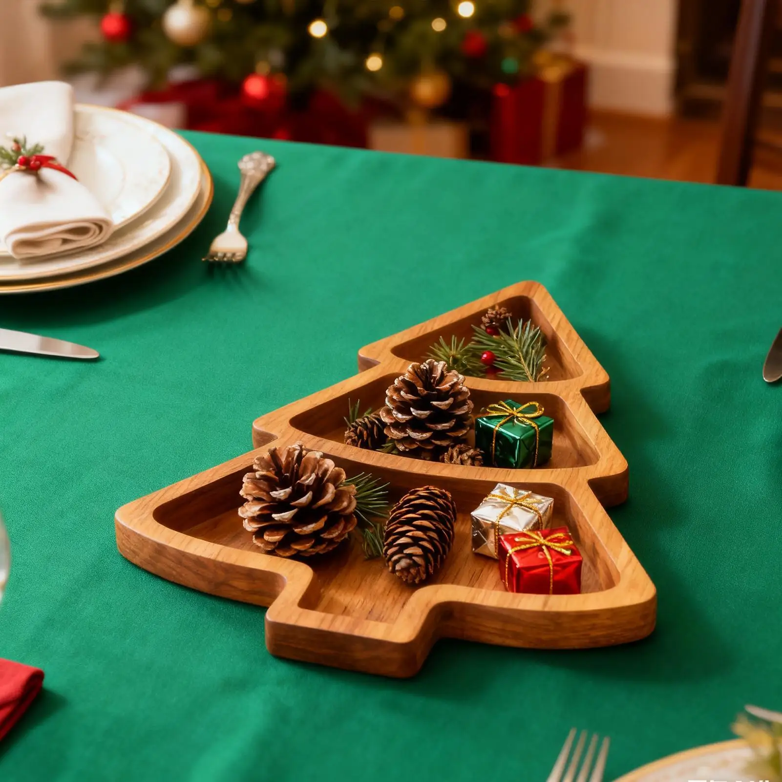 Christmas Tree Shaped Wooden Serving Tray Charcuterie Board Compartment Snack Platter for Fruits Nuts Holiday Party Decor