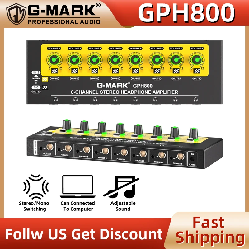 

G-MARK GPH800 Headphone Amplifier 8 Channels Stereo/Mono Amplifier Stereo Headphone Amplifier Audio Upgrade With Power Adapter