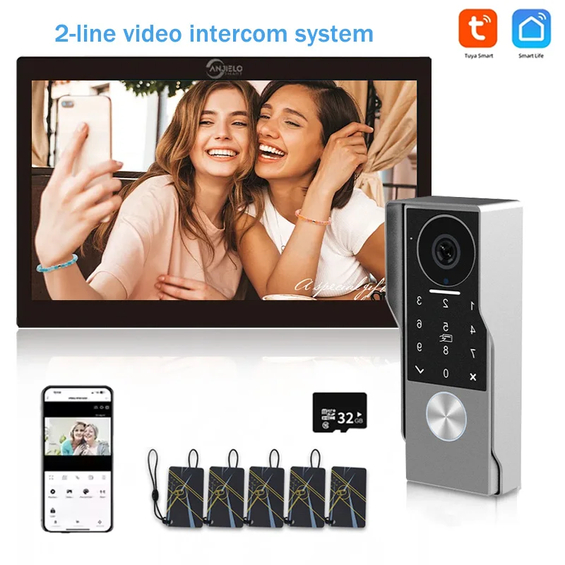 Tuya-timbre de puerta de Metal de 2 líneas, 1080P, vídeo con PIN de tarjeta IC, desbloqueo, 24 cámaras IP, compatible con sistema de videoportero inteligente para el hogar