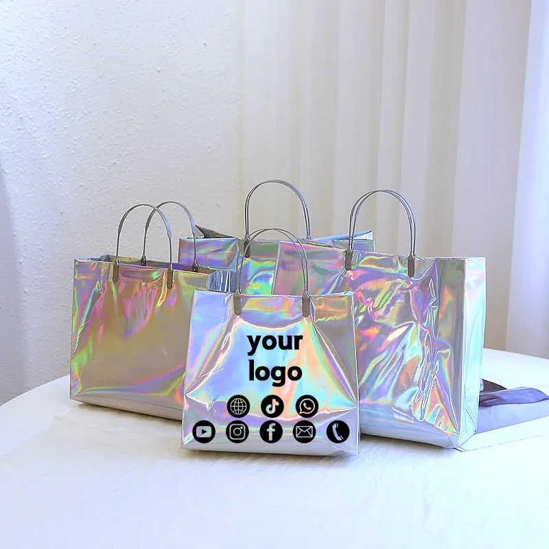 30pcsHigh-end color laser handbag silver shopping clothing bag gift shop packaging bag waterproof wedding party custom logo