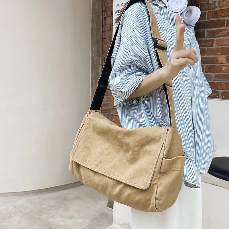 Casual Canvas Student School Bag Fashion Shoulder Bags For Women Simple Unisex Crossbody Bag Solid Color Travel Messenger Bag