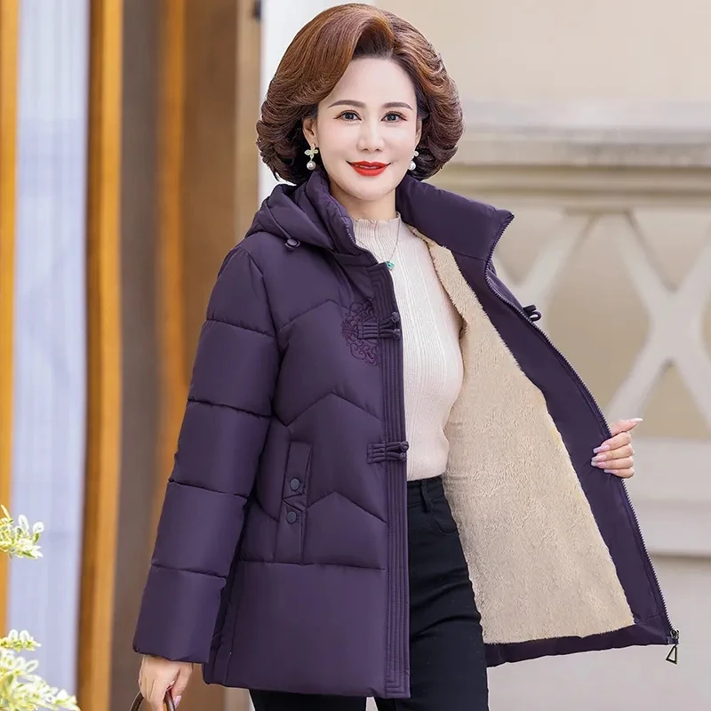 2024 Grandma Winter Down Cotton Jacket Thick Velvet Mother Parkas Casual Hooded Puffer Coat Elderly Woman Padded Outwear 5XL 6XL