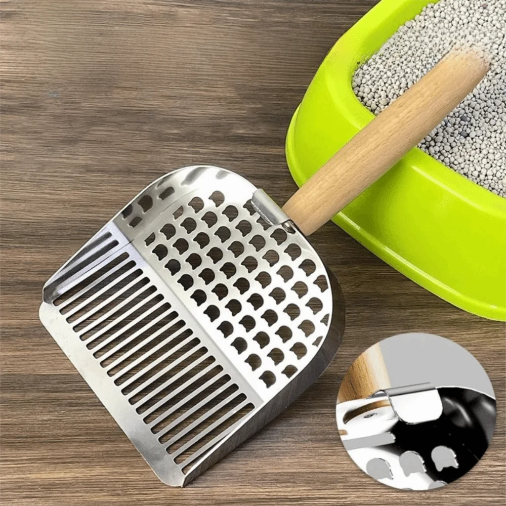 

2 in 1 Cat Litter Scoop Stainless Steel Wood Handle Pet Waste Shovel Comfortable Grip Easy To Clean Litter Box Scooper