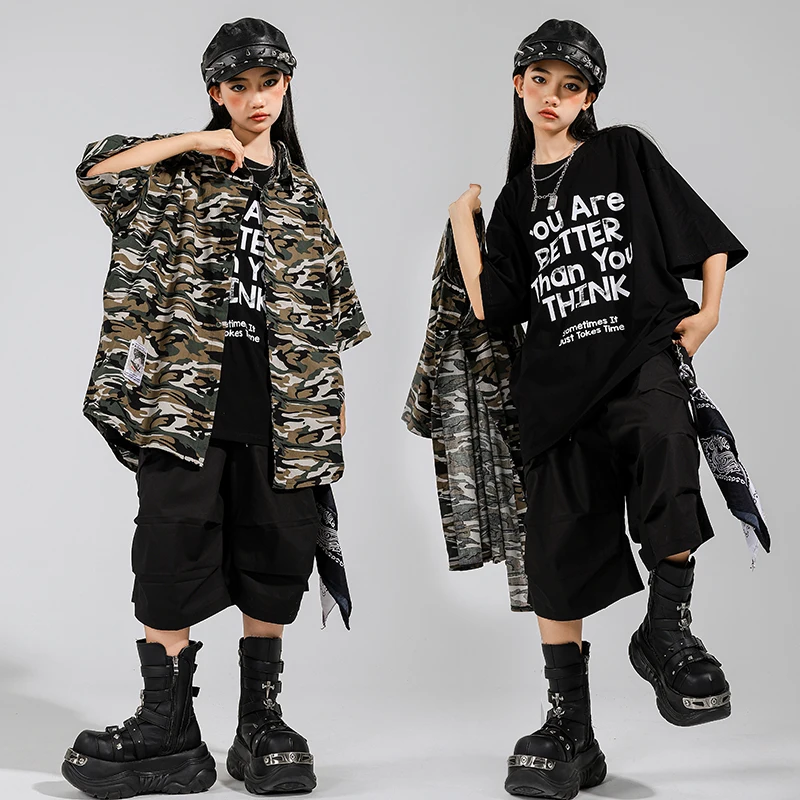 Jungen Hip Hop Camouflage Mantel Cargo-Shorts Mädchen K-pop Street Dance Kleidung Kinder Military Streetwear Kinder Jazz Kleidung Set