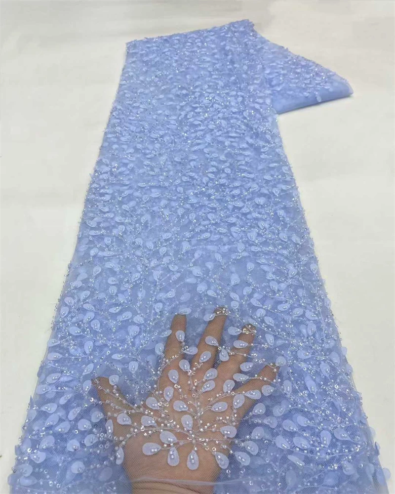 African French Nigerian High-End Tulle Lace Fabric with Beads Sequins for Wedding Party Dresses Bride Sewing Mesh Embroidery