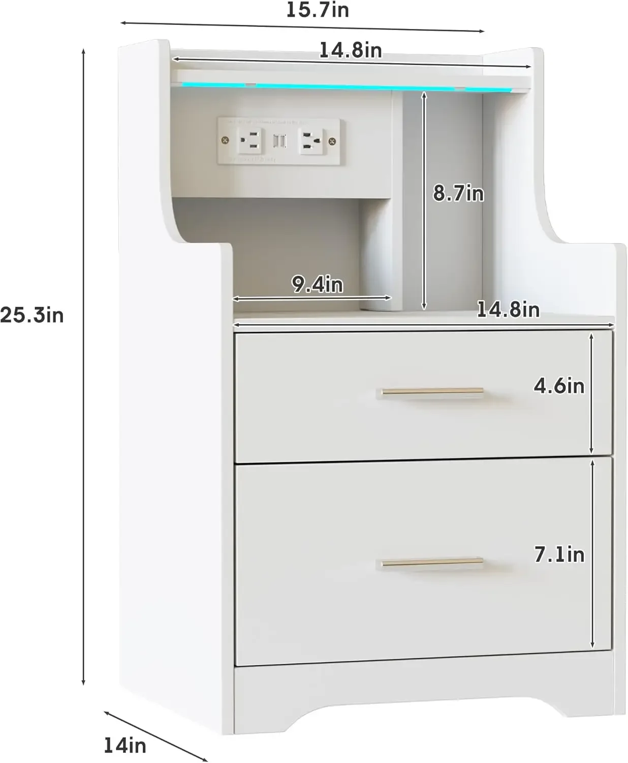 Nightstand with Charging Station & LED Lights, White Nightstand with 2 Drawers and Open Storage, Bed Side Table Night St