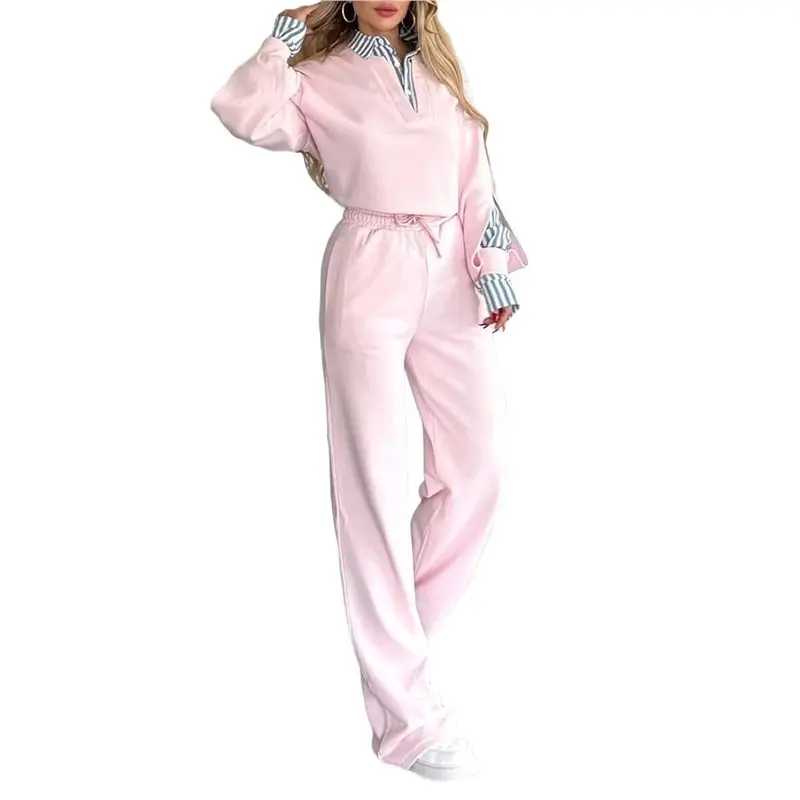 

CYL-Women's Turn Down Collar Long Sleeve Shirt And Sweatpants Set Loose Fit Casual Loungewear