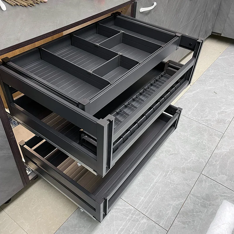 

Kitchen Cabinet Pull Basket Double Aluminum Alloy Drawer Pump Storage Dish Rack Drawer Type Dish Rack Dish Basket