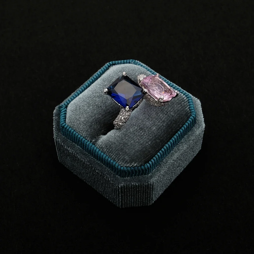 

AB/925 silver embedded high carbon diamond Zircon blue pink double gemstone geometric design unique jewelry ring for women.