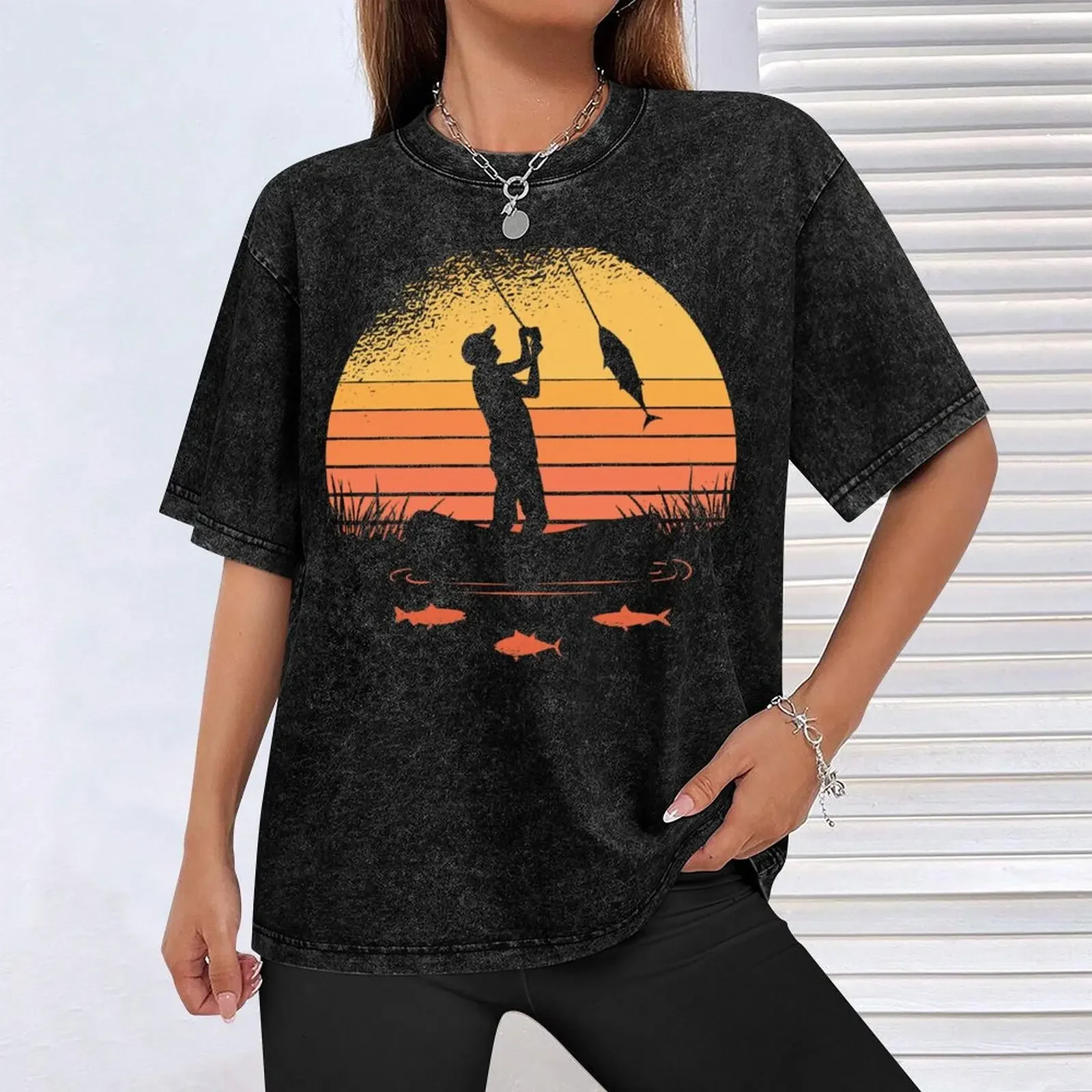 تي شيرت FISHERMAN SUNSET، ملابس لطيفة، قمصان بتصميم الرسوم المتحركة للرجال، جرافيك