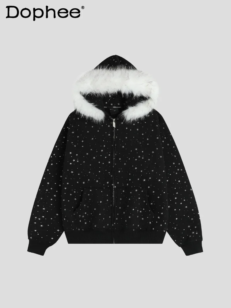 

American Retro High Street Fashion Trendy Fur Collar Hooded Sweatshirt Loose Casual Fleece Cardigan Jacket Unisex