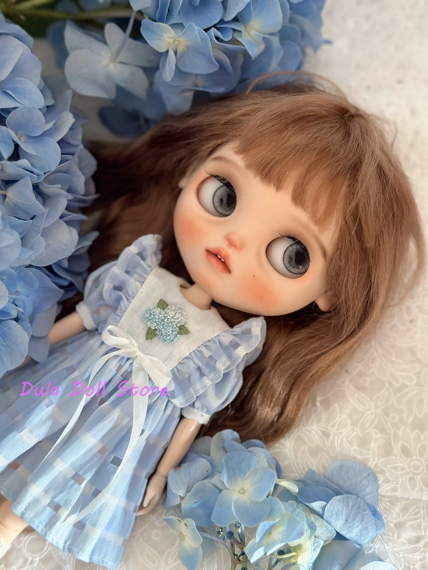 Ubranka dla lalek Dula Sukienka Różowo-niebieski haft Blythe Landoudou Landazz ob24 ob22 Azone Licca ICY JerryB 1/6 Bjd Doll