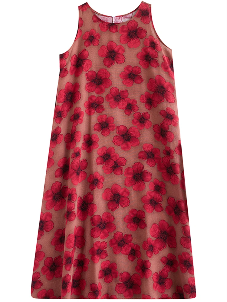 Cotton Vintage Sleeveless Dresses For Women 2024 New Summer Casual Loose Long Print Dress Femme Robe Vestidos Elegant Clothing