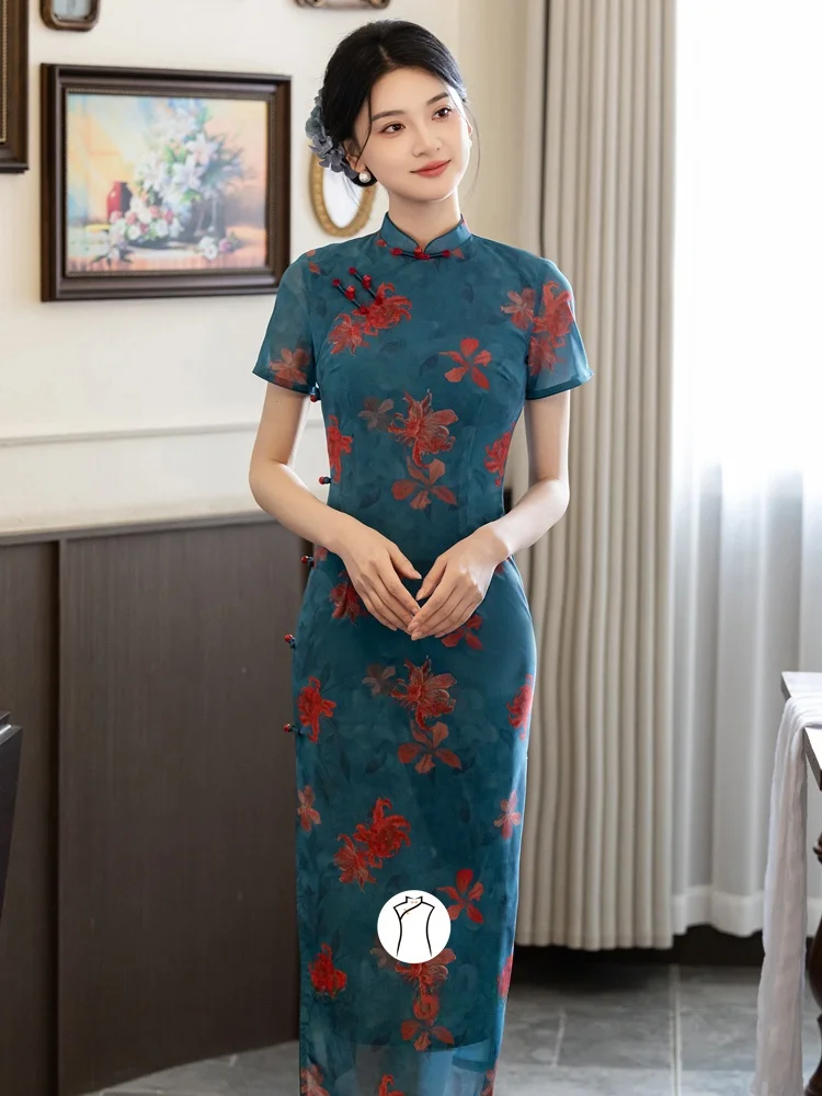 Blue Slimming Dress Vintage New Chinese Style Beautiful Shanghai Old School High Quality Long Qipao Dress for Women