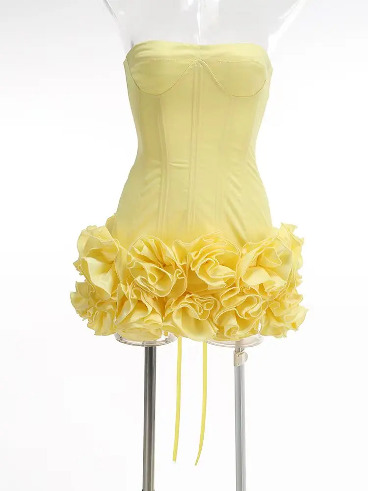 Yellow Prom Dresses Sexy Strapless Backless Red Structured Floral Embellished Mini Length Skinny Celebrity Party Cocktail Dress