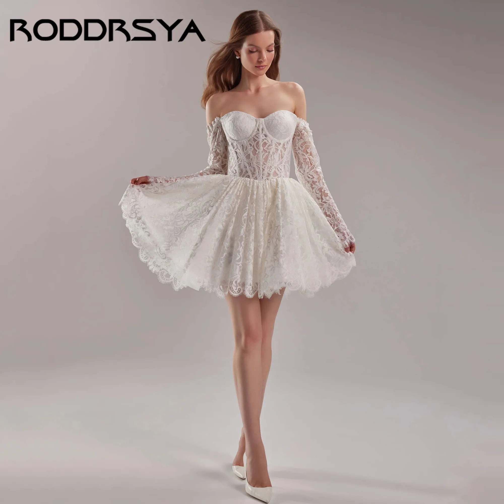 RODDRSYA Lace Mini Wedding Dress Modern Sweetheart A-Line Bridal Shower Dress 3/4 Sleeve vestidos de novia Backless Customized