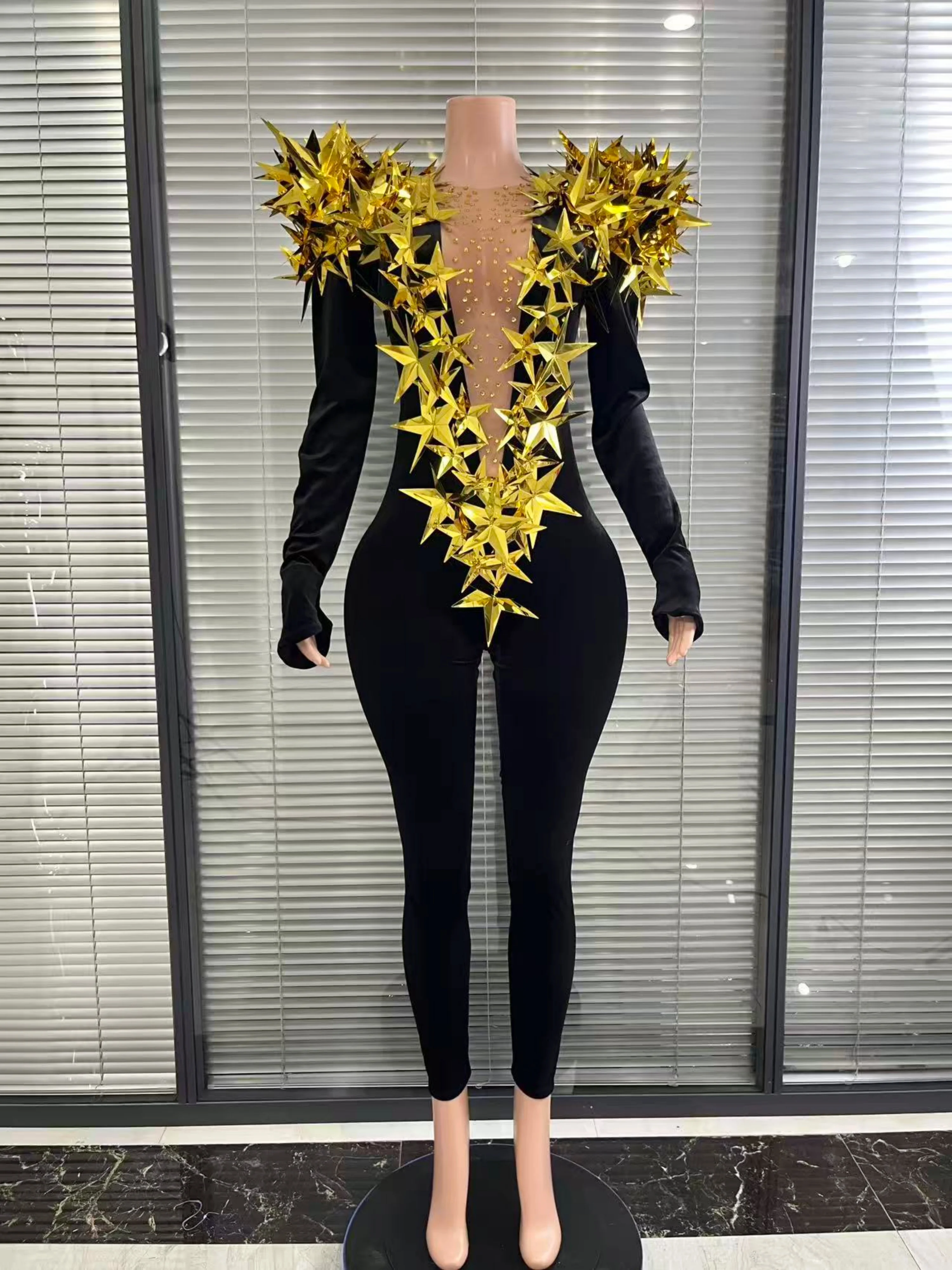 

Luxurious Tailored Gold Rhinestone Black Velvet Long Sleeve jumpsuit Women Evening Party Club Gala NightClub Bar Stage Costumes