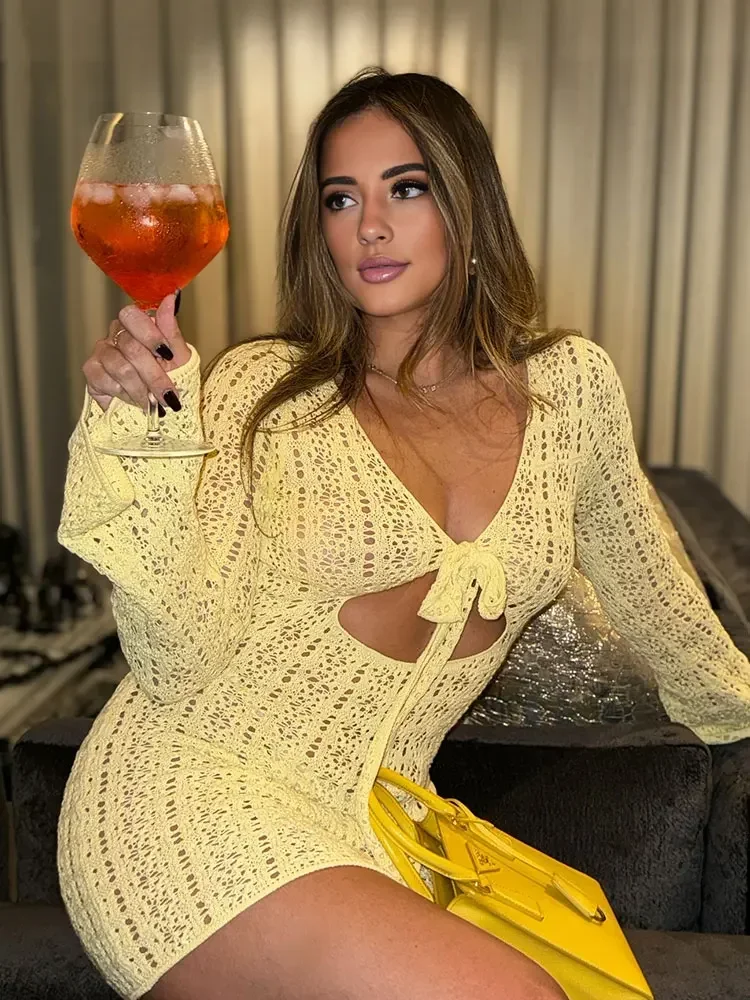 Yellow Cut Out Flared Sleeve Lace-up Knit Mini Dress 2025 Summer Women Cover Up Beach Vacation Sunscreen Clothing K116