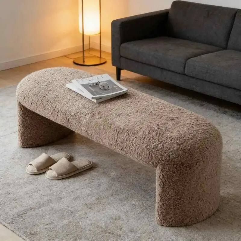 

Curved Boucle Upholstered Bench, Modern Waterfall Accent Bench, Soft Teddy Fleece Entryway Bench for Bedroom Living Room