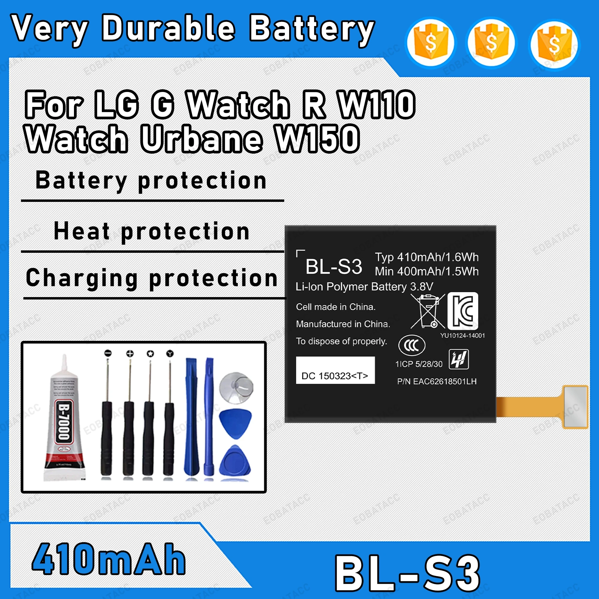 

410mAh 100% New BL-S3 Battery For LG G Watch R W110 Replacement Bateria+Free Tools