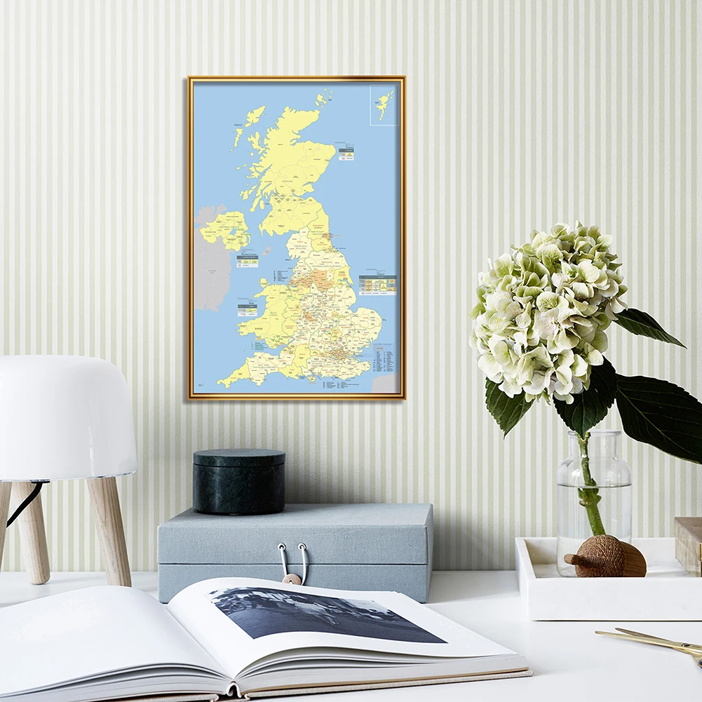 Map of The United Kingdom with Detailed Regions Decorative Poster Canvas Painting Wall Home Decor School Supplies 42*59cm